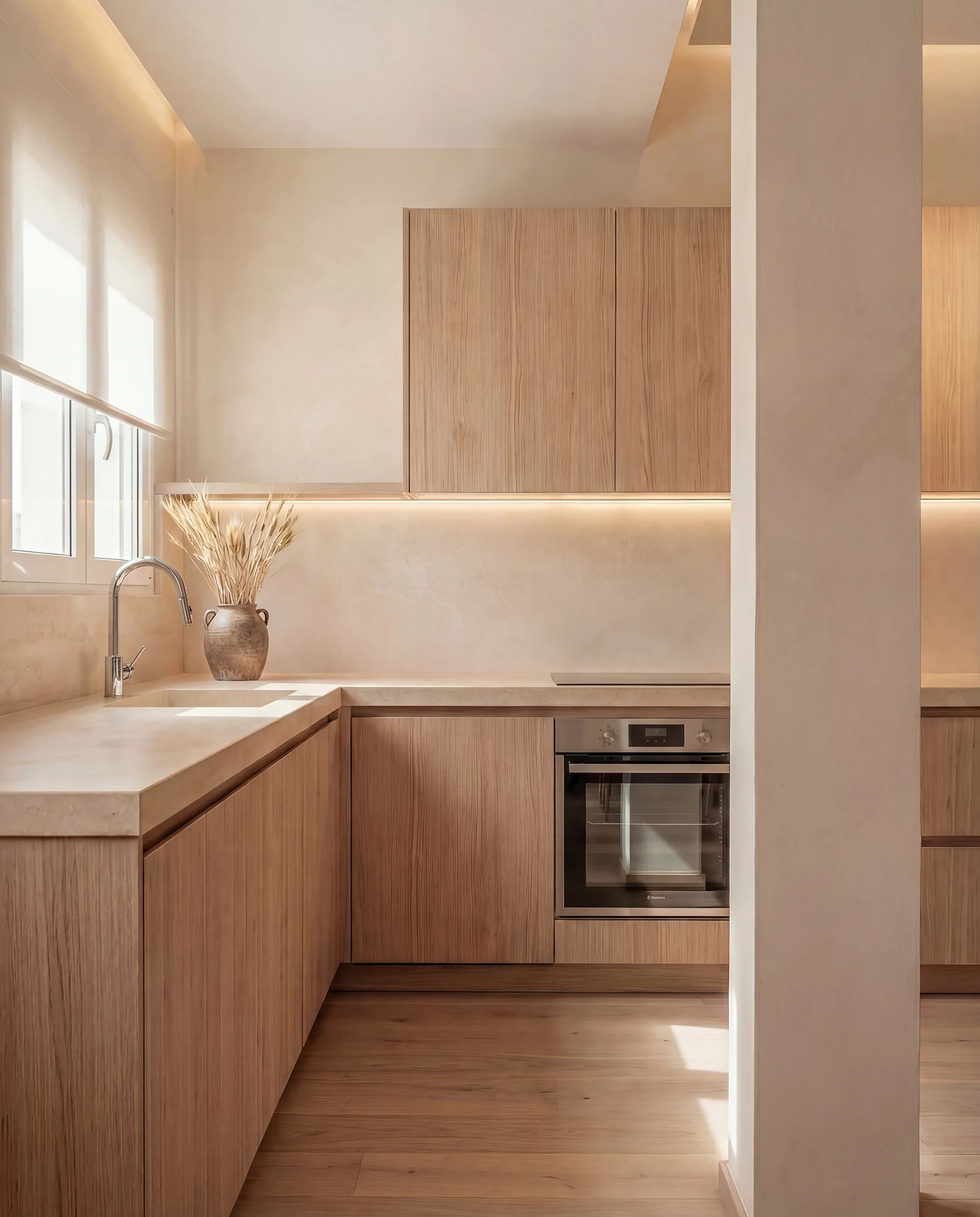 Modern kitchen renovation in Madrid. Light oak cabinets and custom storage by Punto Reforma